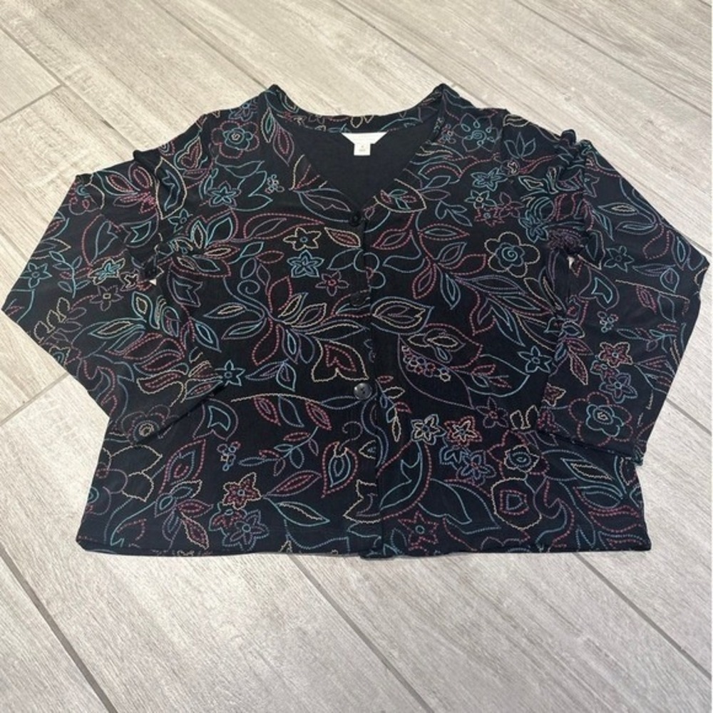 CJ Banks Women X Button Top Black Multi Color Floral Embroidered Boho Artsy